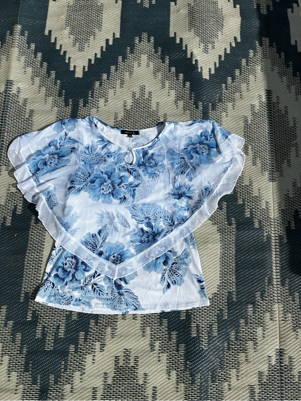 Adele & May Blue Floral Sheer Overlay Blouse  Keyhole Cape Poncho Blouse M - Picture 2 of 9